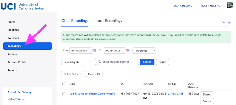 Manage Zoom cloud recordings – UCI Zoom
